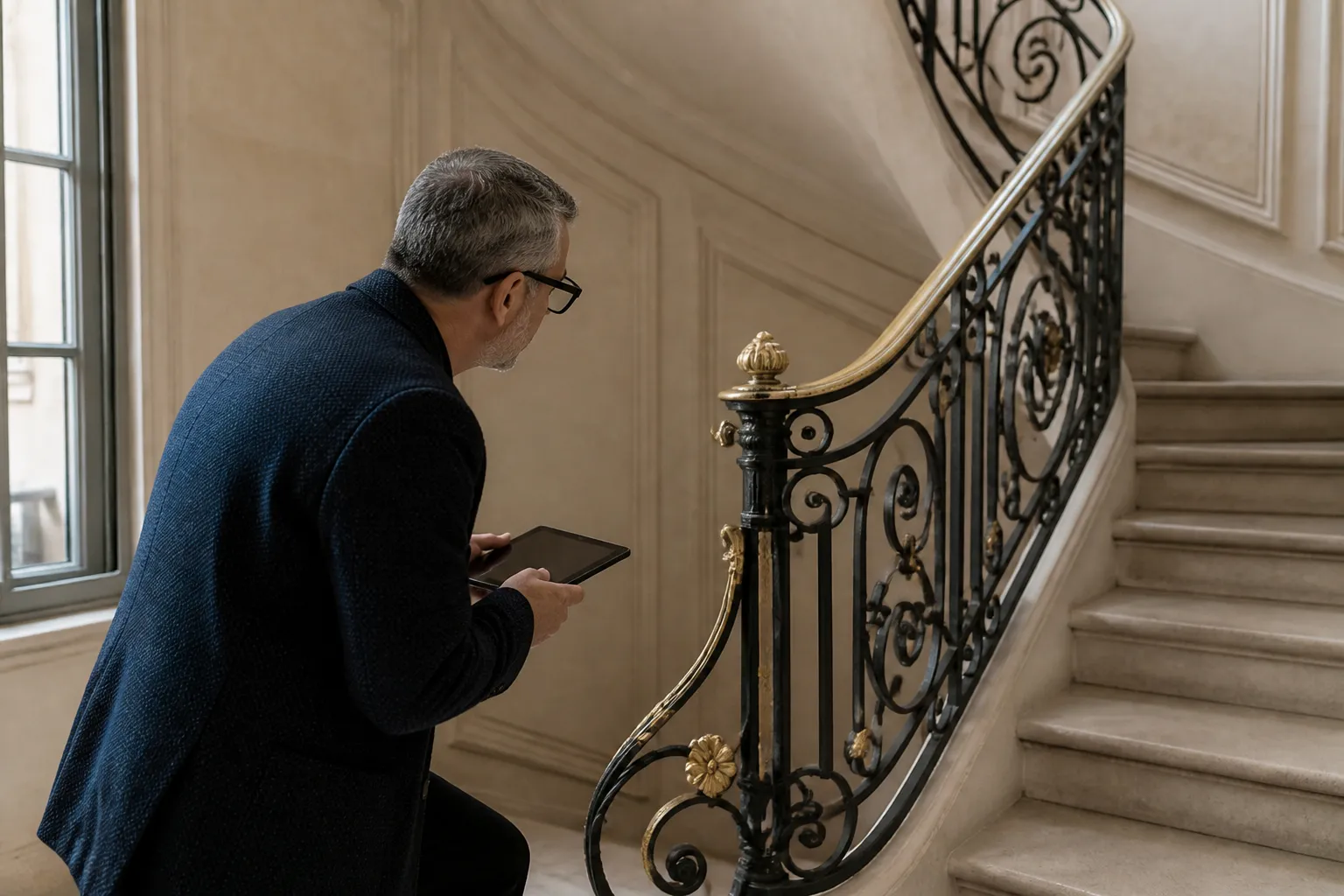 Expert examinant une cage d escalier d immeuble