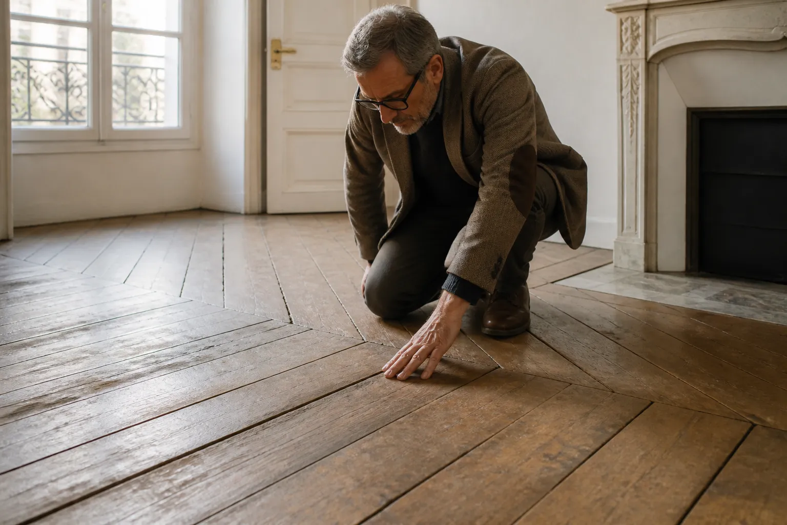 Expert examinant un plancher bois ancien
