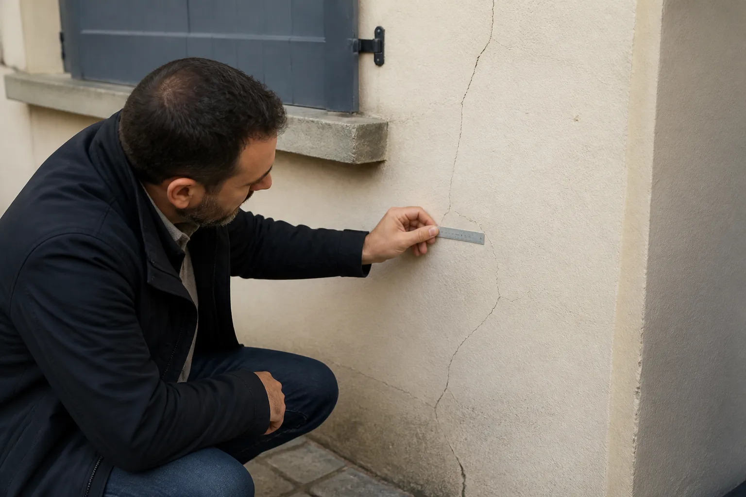 Expert mesurant une fissure lors d une visite avant achat