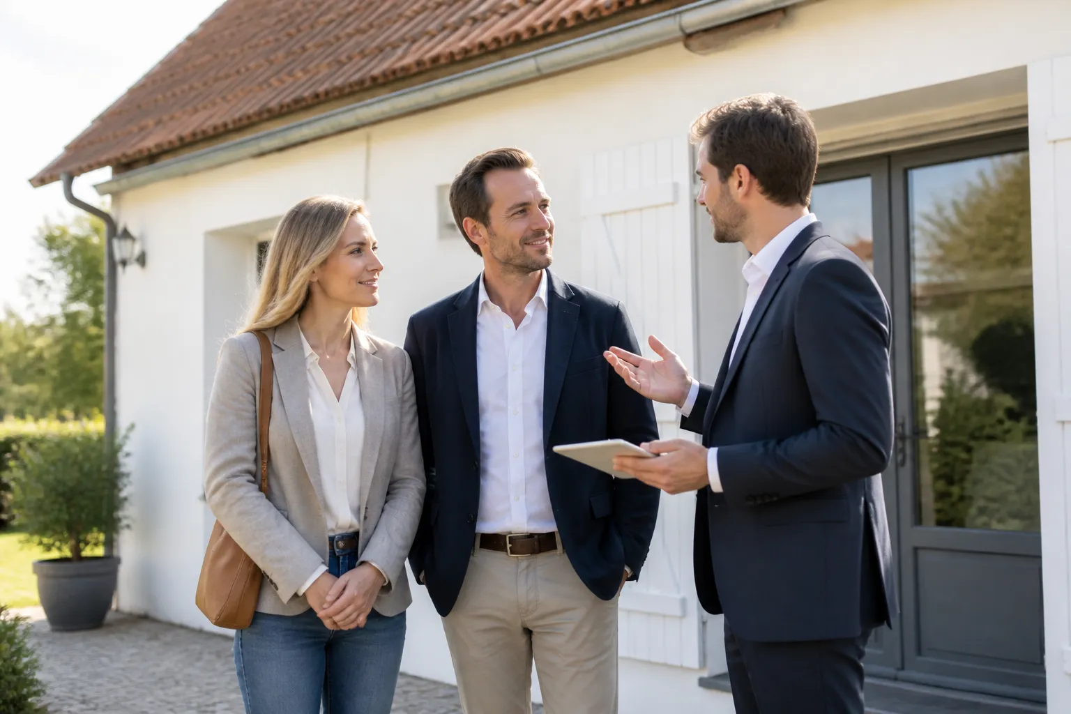 Couple ecoutant les explications d un expert devant une maison