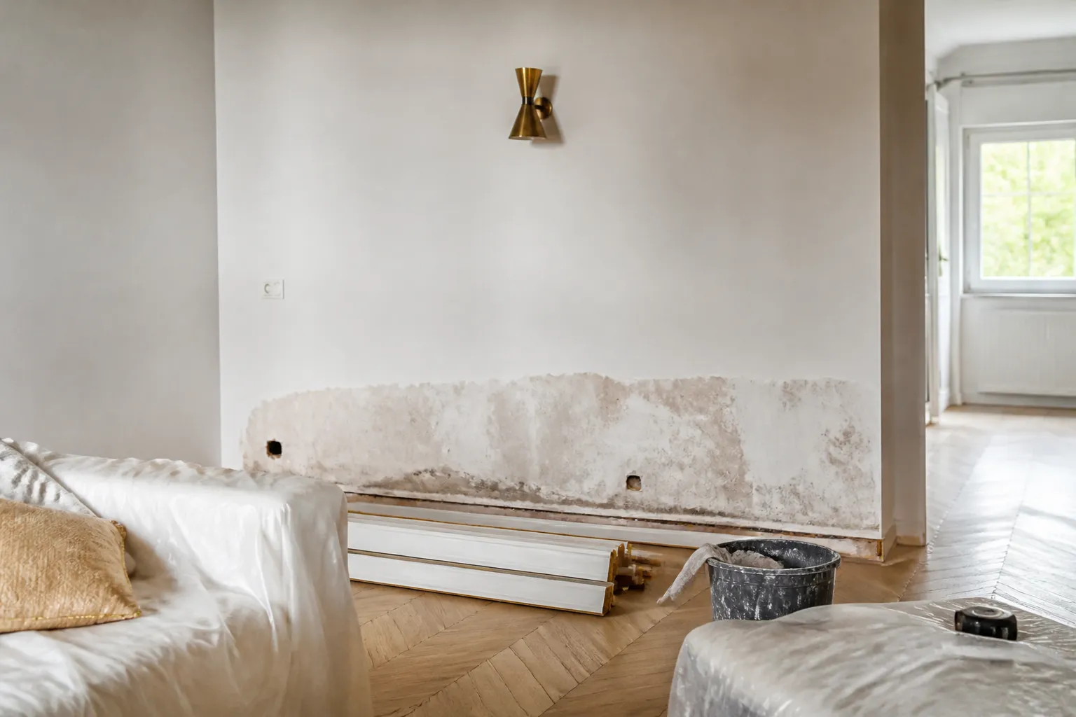 Plinthes deposees et mur en sechage dans un sejour