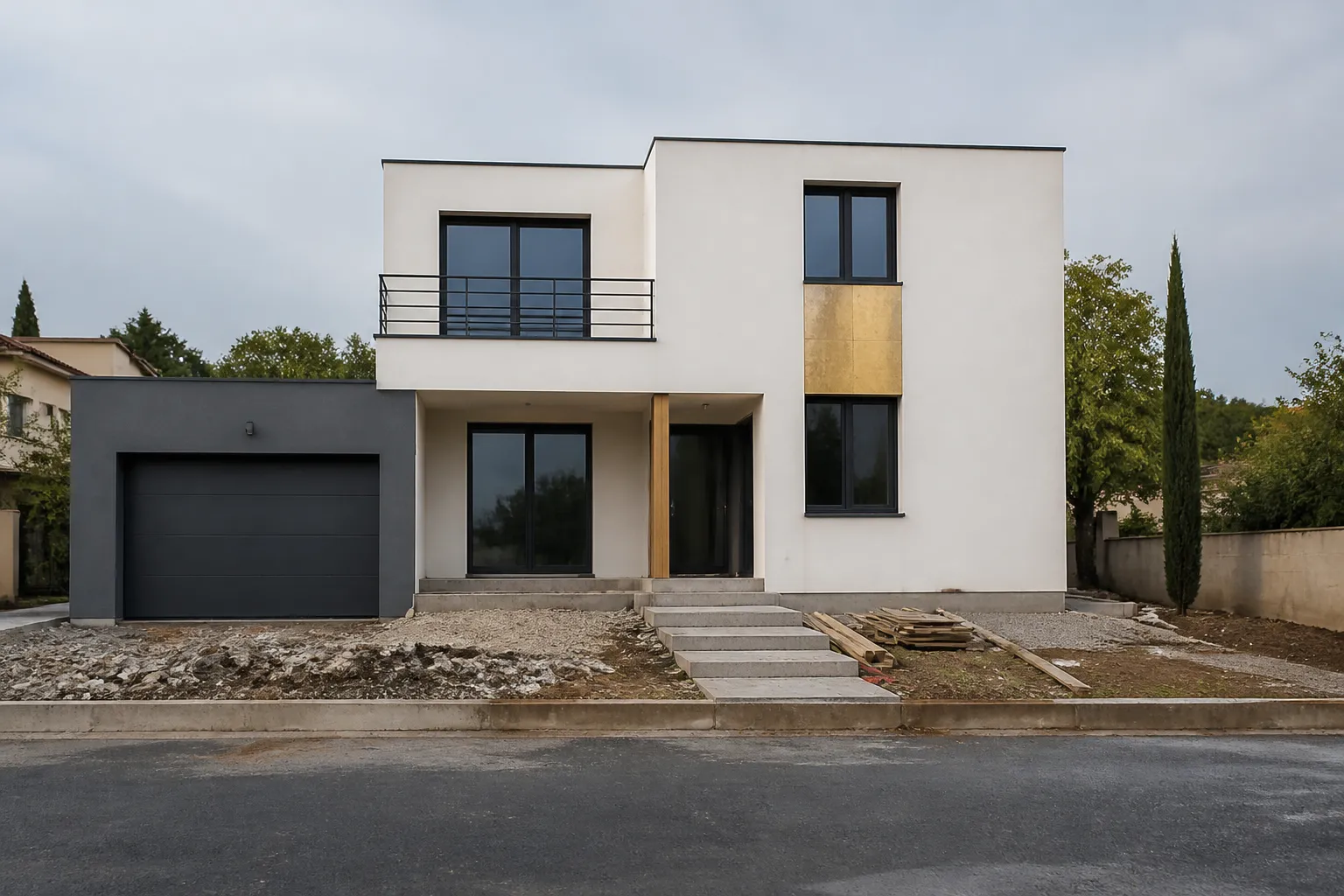 Maison neuve avec desordre en facade