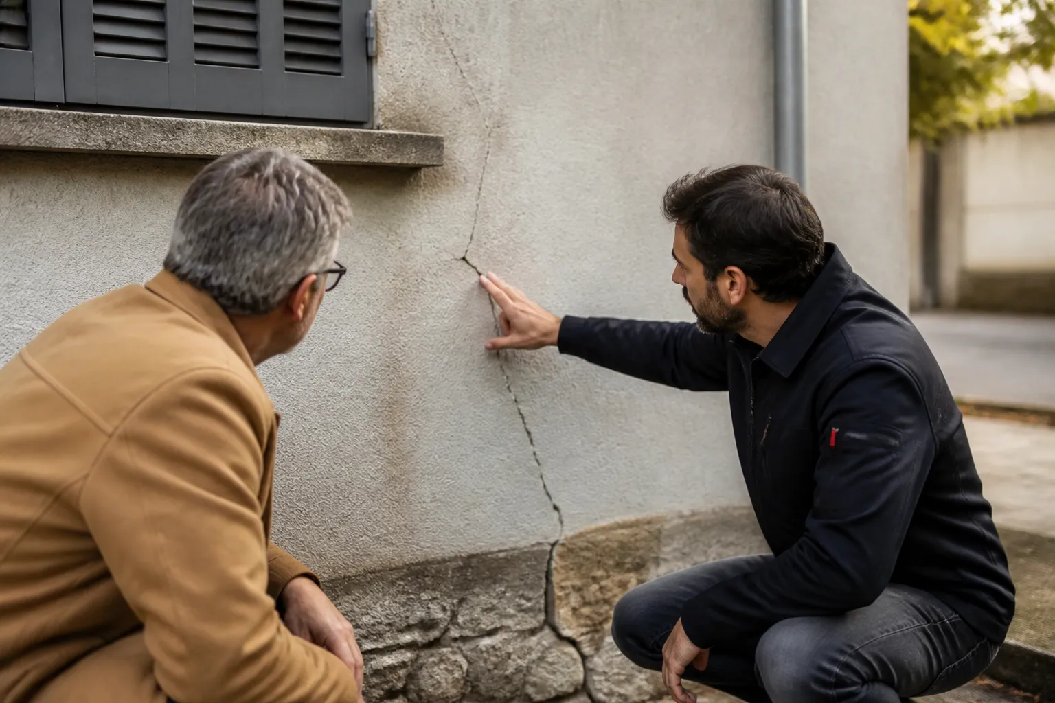 Expert et proprietaire examinant une fissure sur un mur exterieur