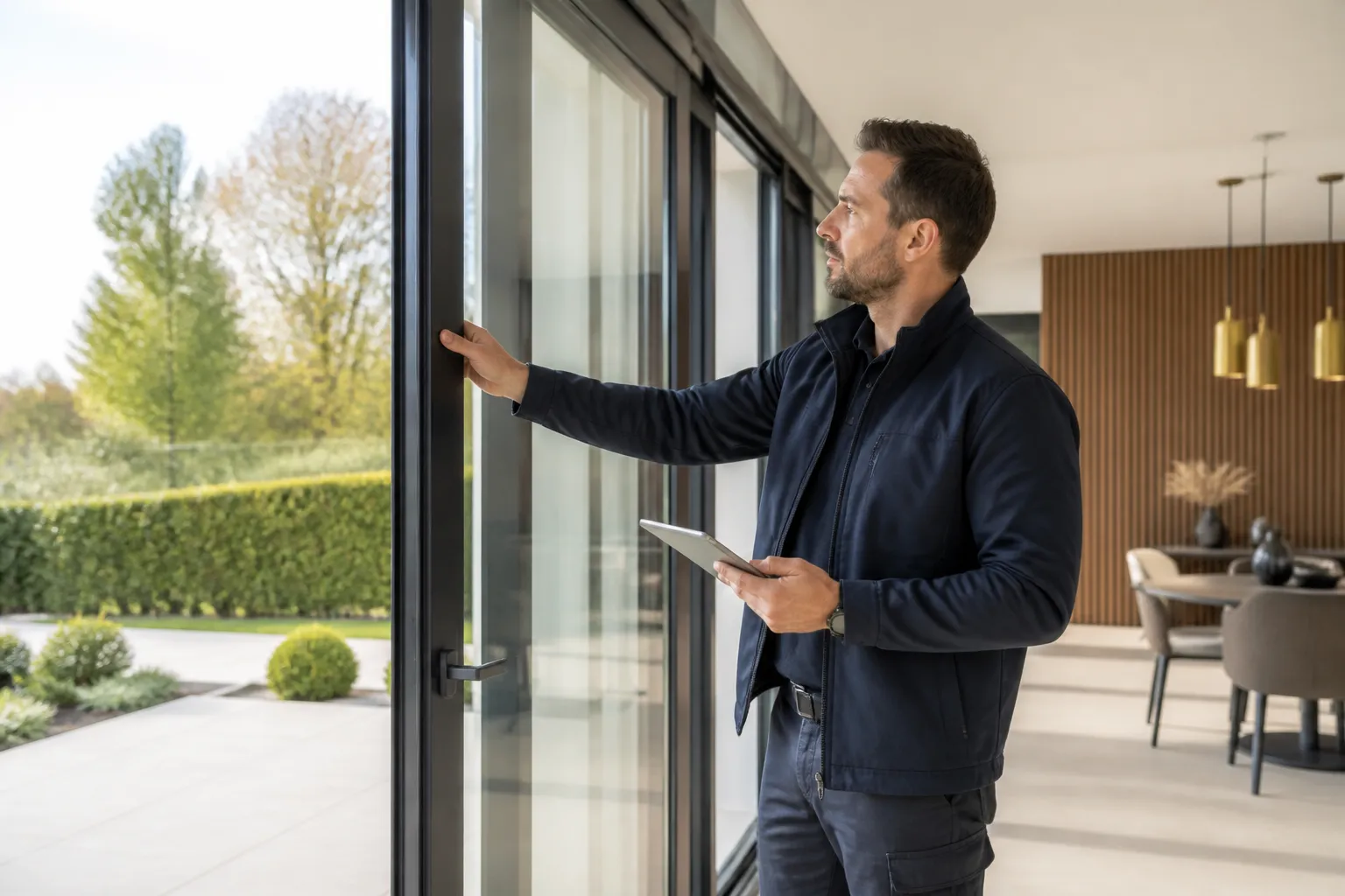 Expert controlant une baie vitree de maison neuve