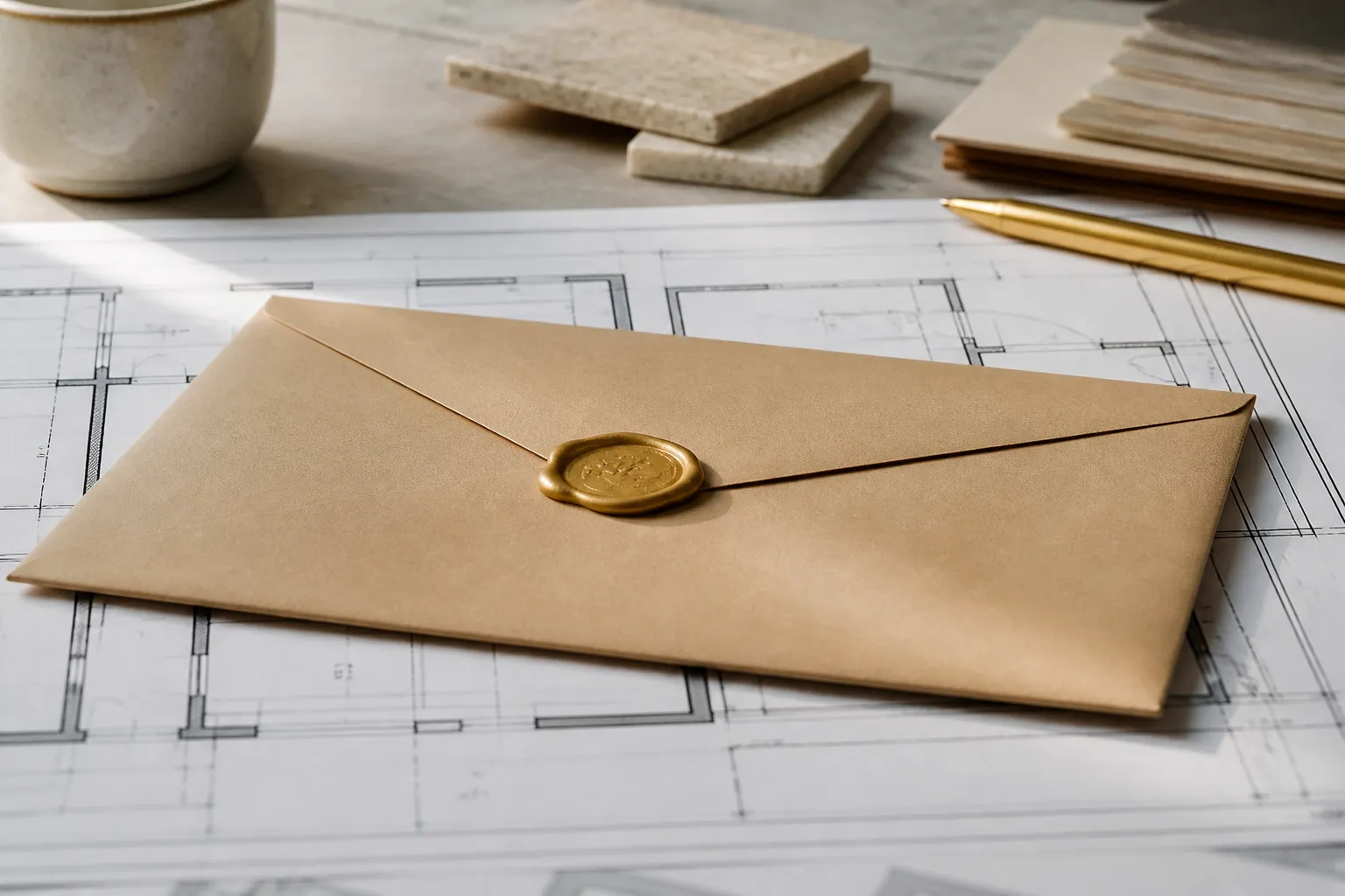 Lettre recommandee posee sur un plan de maison