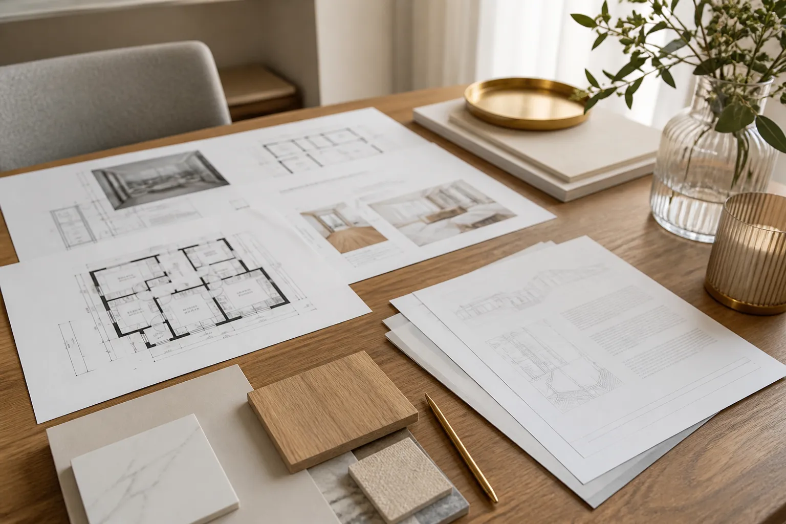 Plans de maison et notice descriptive sur une table
