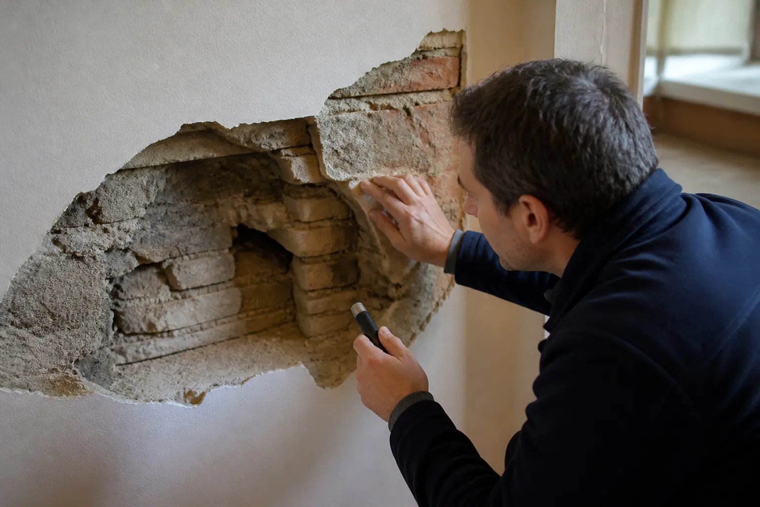 Expert photographiant un desordre cache dans un mur