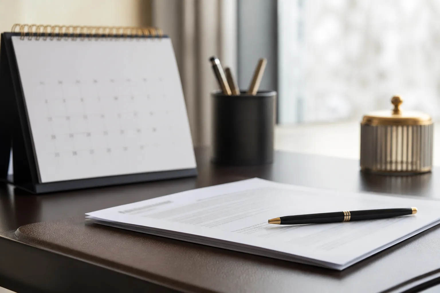 Calendrier et compromis de vente sur un bureau