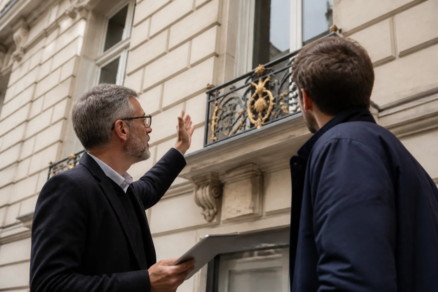 Expert examinant une facade avec un acheteur
