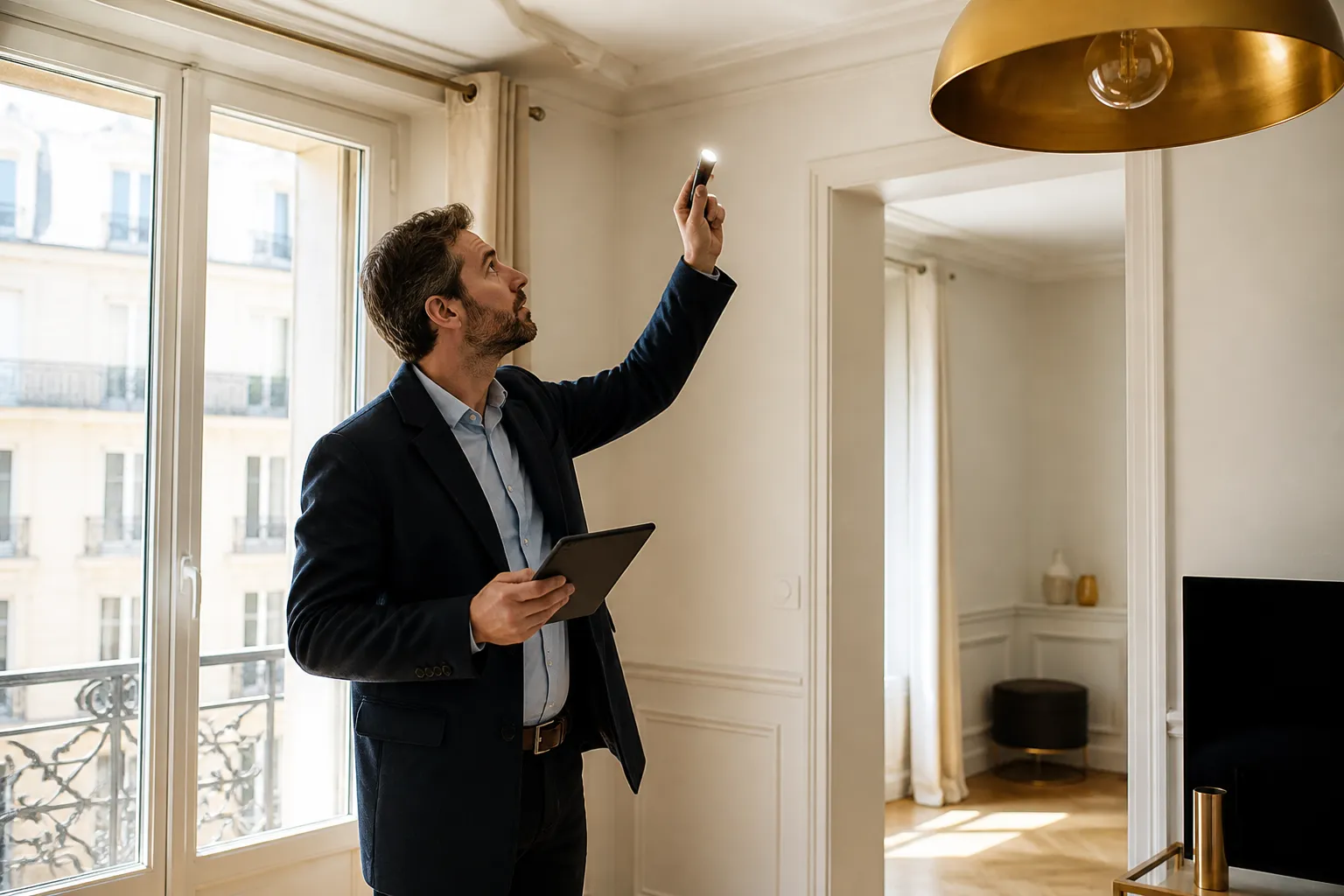 Expert en batiment inspectant un appartement lumineux
