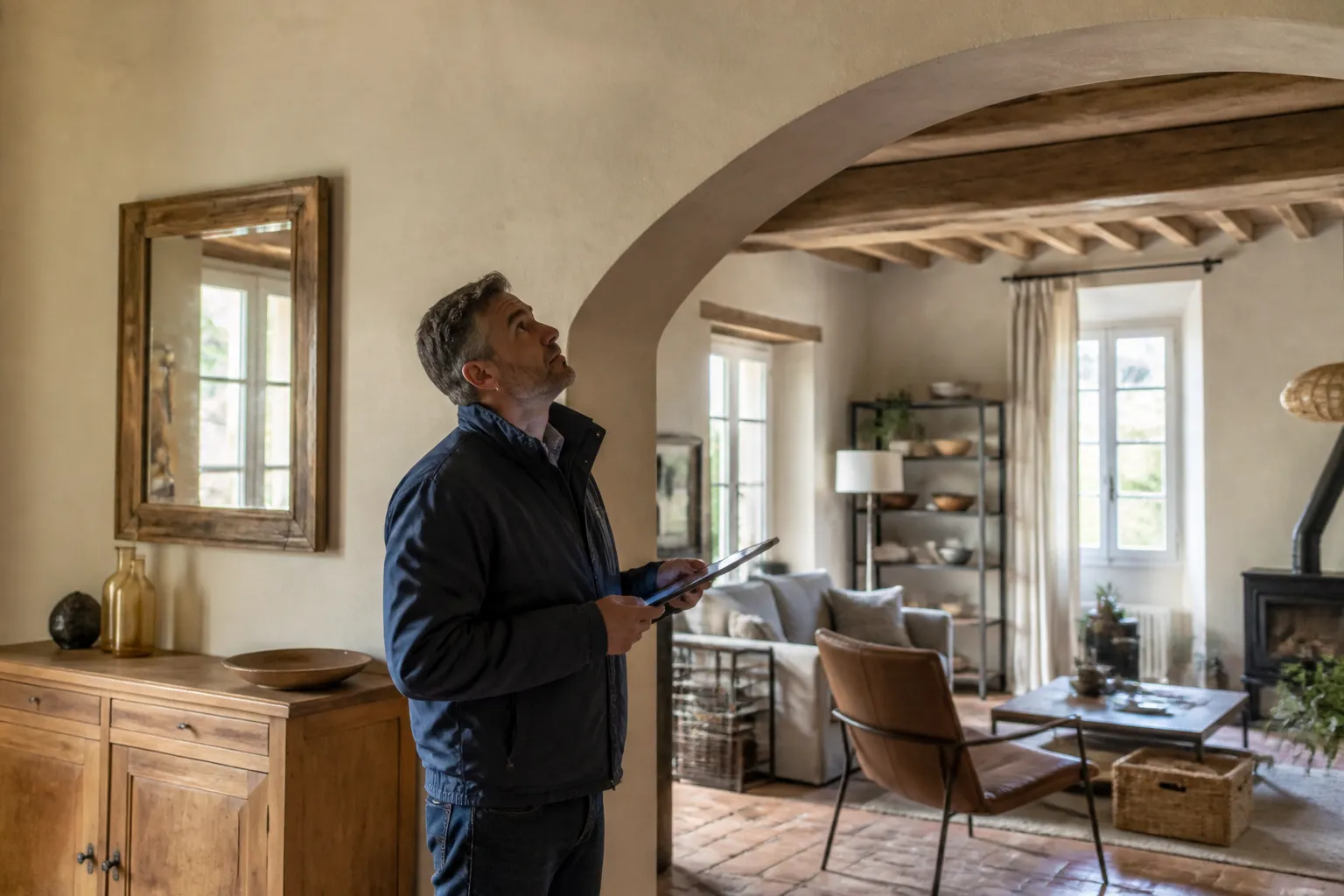 Expert en batiment examinant un mur, Ariège