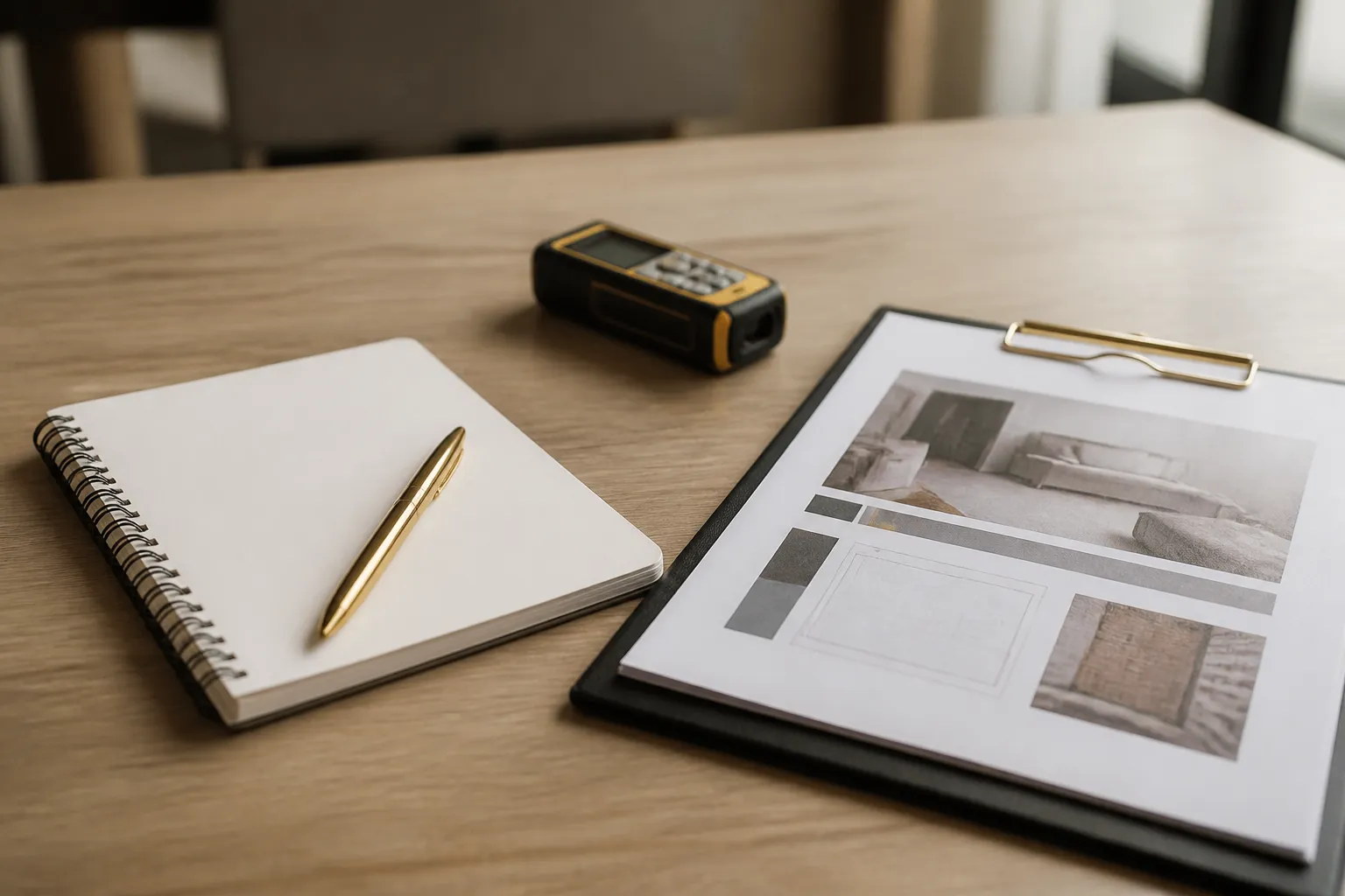 Bloc notes, metre laser et rapport d expertise