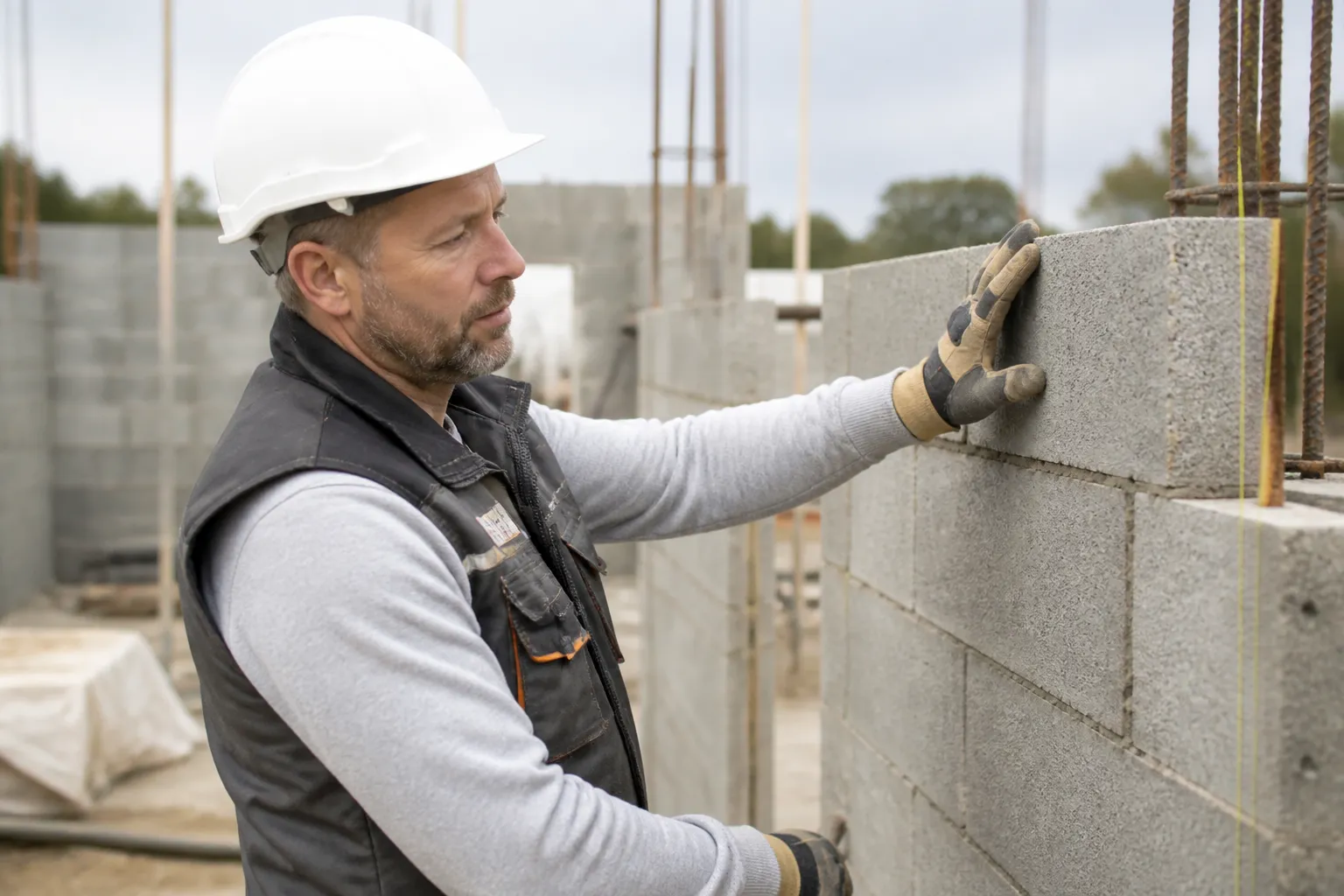 Expert controlant des murs en parpaing sur un chantier