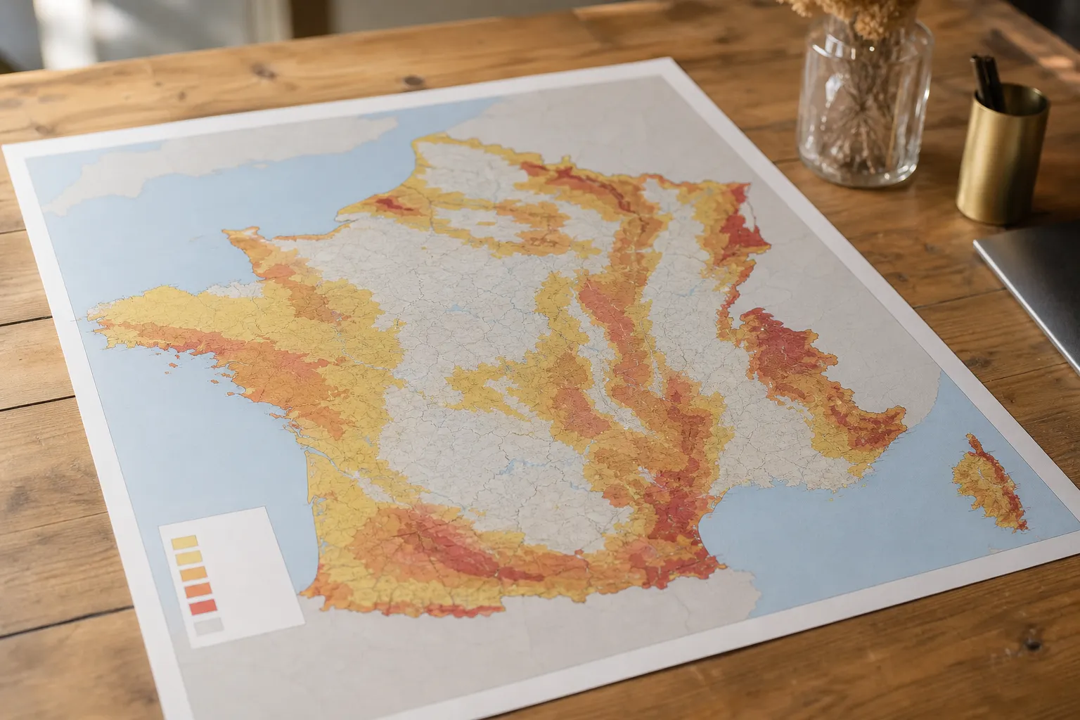 Carte de zonage des risques posee sur une table
