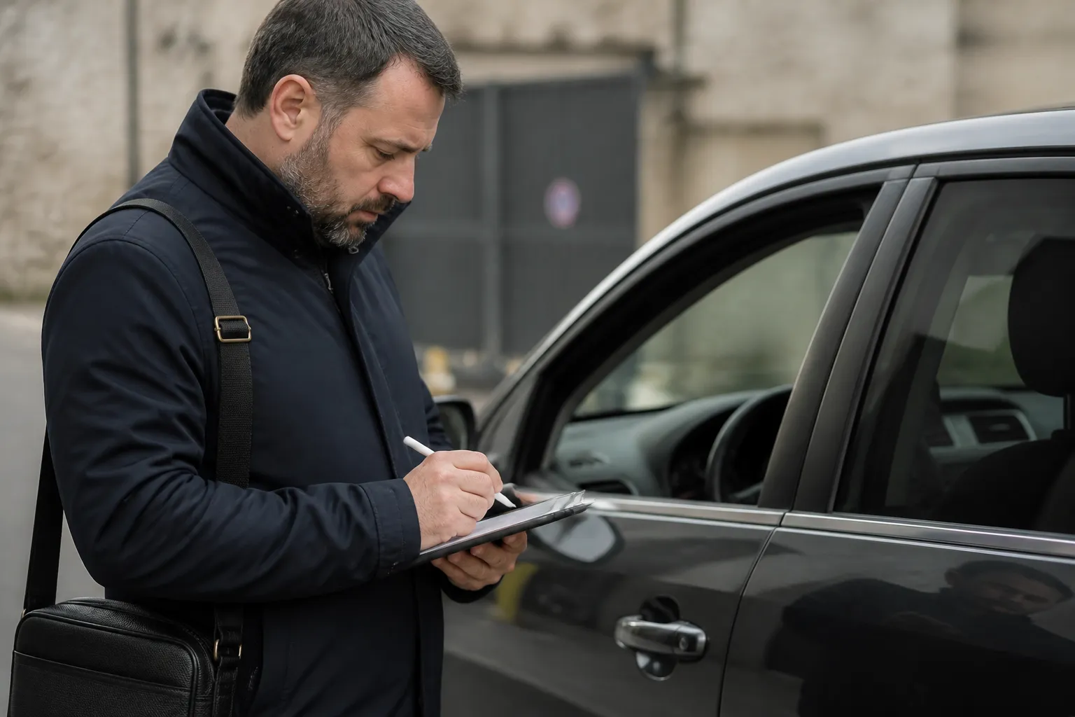 Expert redigeant un proces verbal sur une tablette
