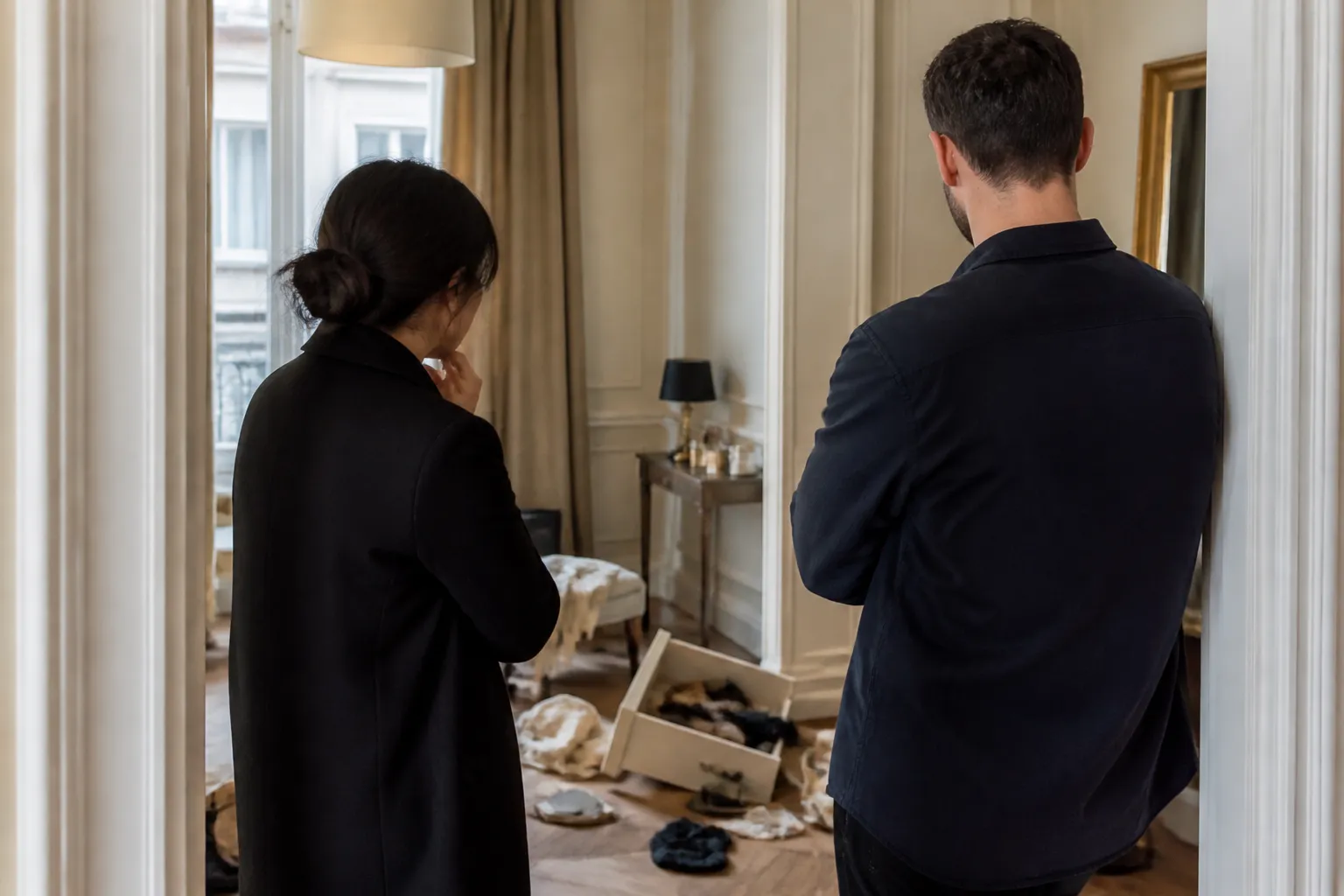 Parties examinant un desordre dans une piece