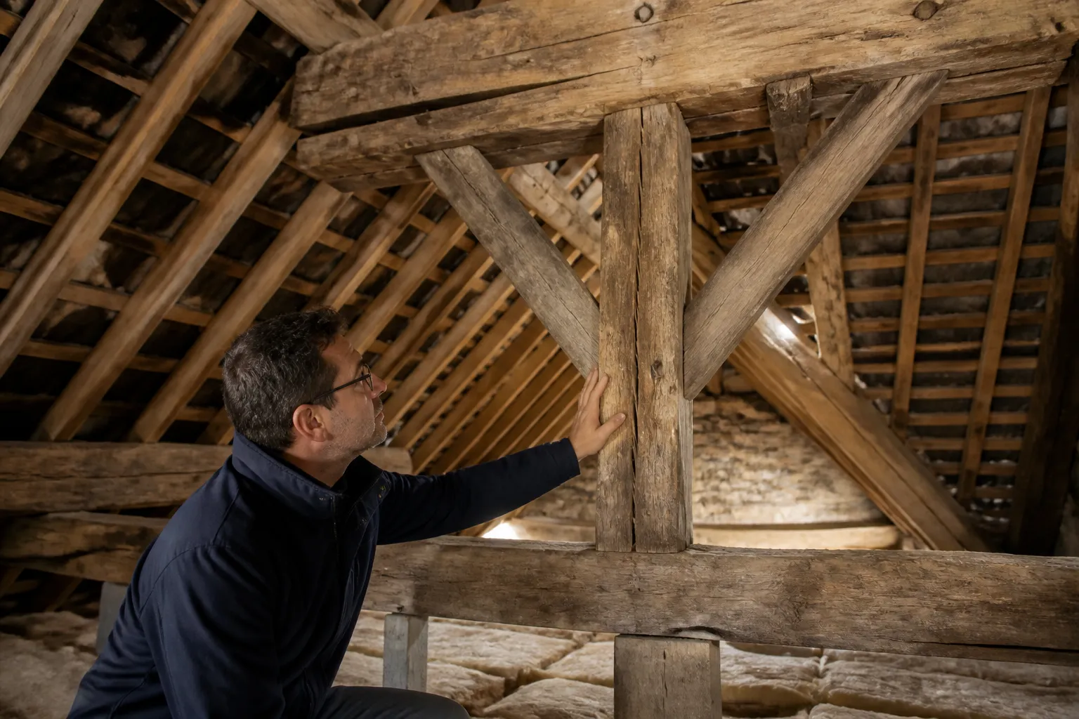 Expert examinant une charpente dans des combles