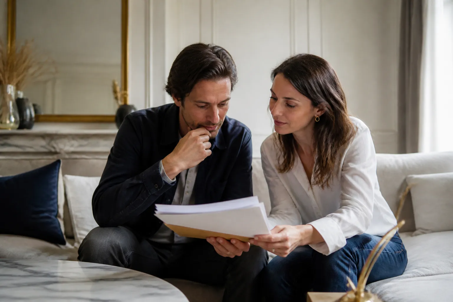 Couple lisant un rapport d expertise avant achat