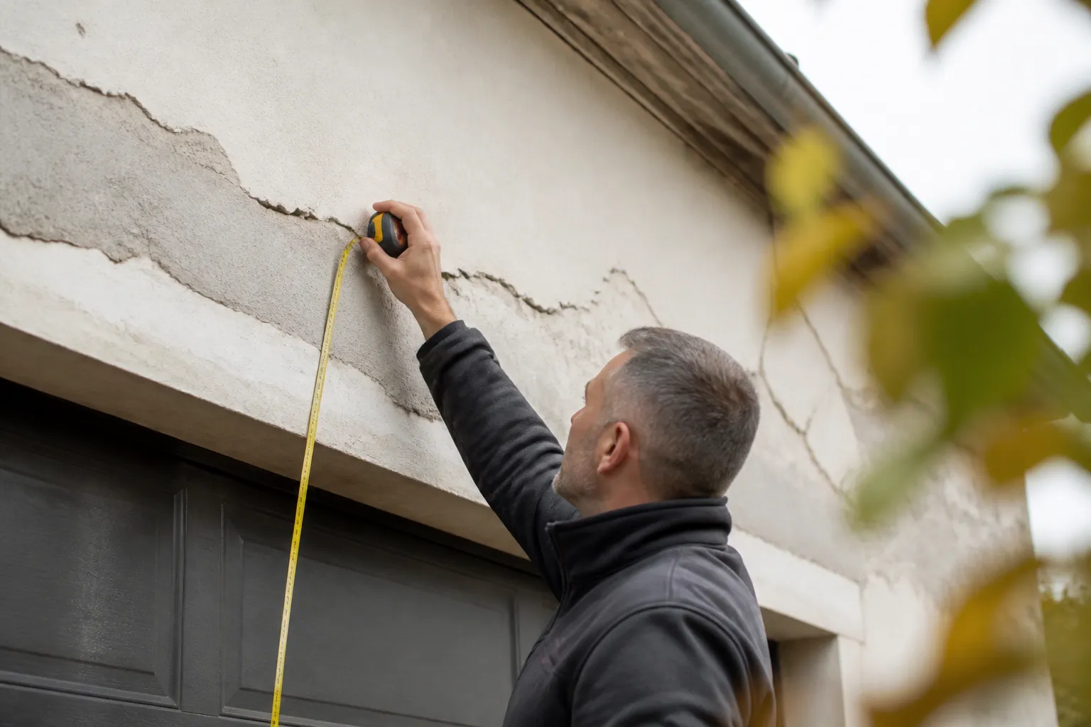 Expert prenant des mesures sur un mur de garage fissure
