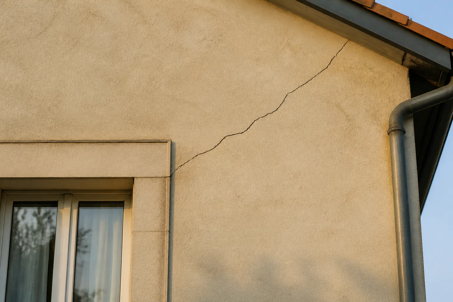 Facade de maison avec fissure en biais partant de l angle d une fenetre