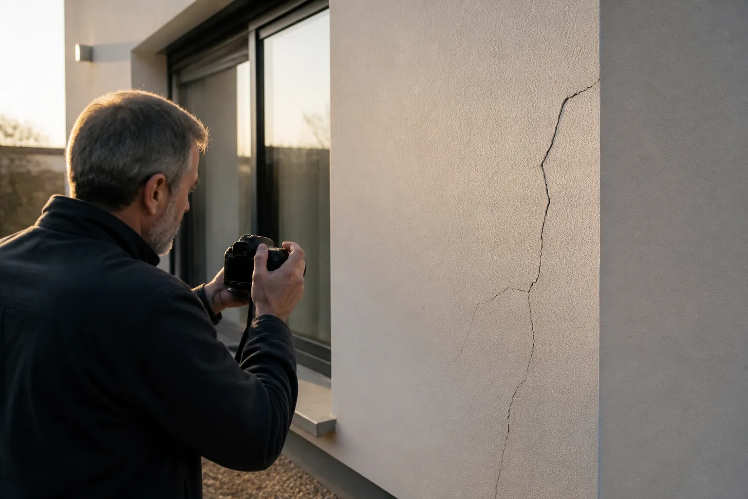 Expert photographiant une fissure sur une maison recente