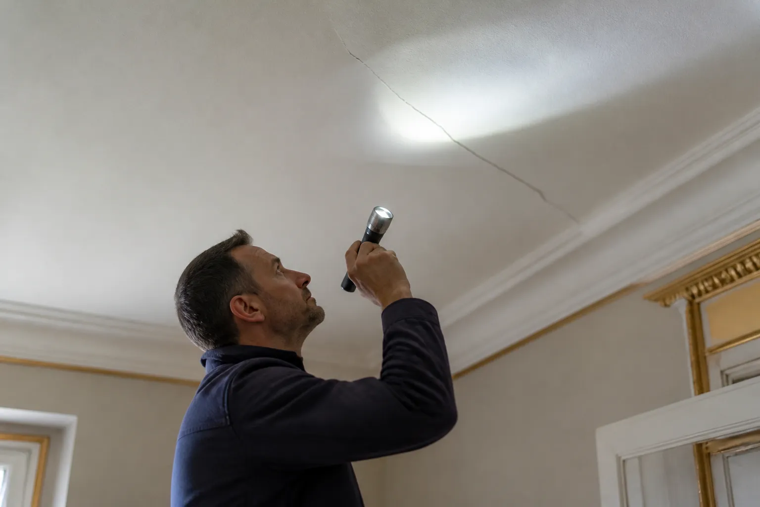 Expert examinant une fissure au plafond avec une lampe