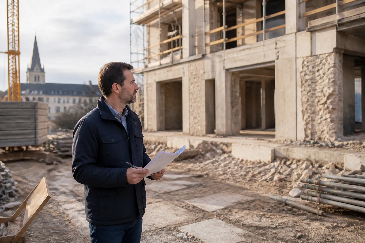 Expert faisant le point sur un chantier interrompu