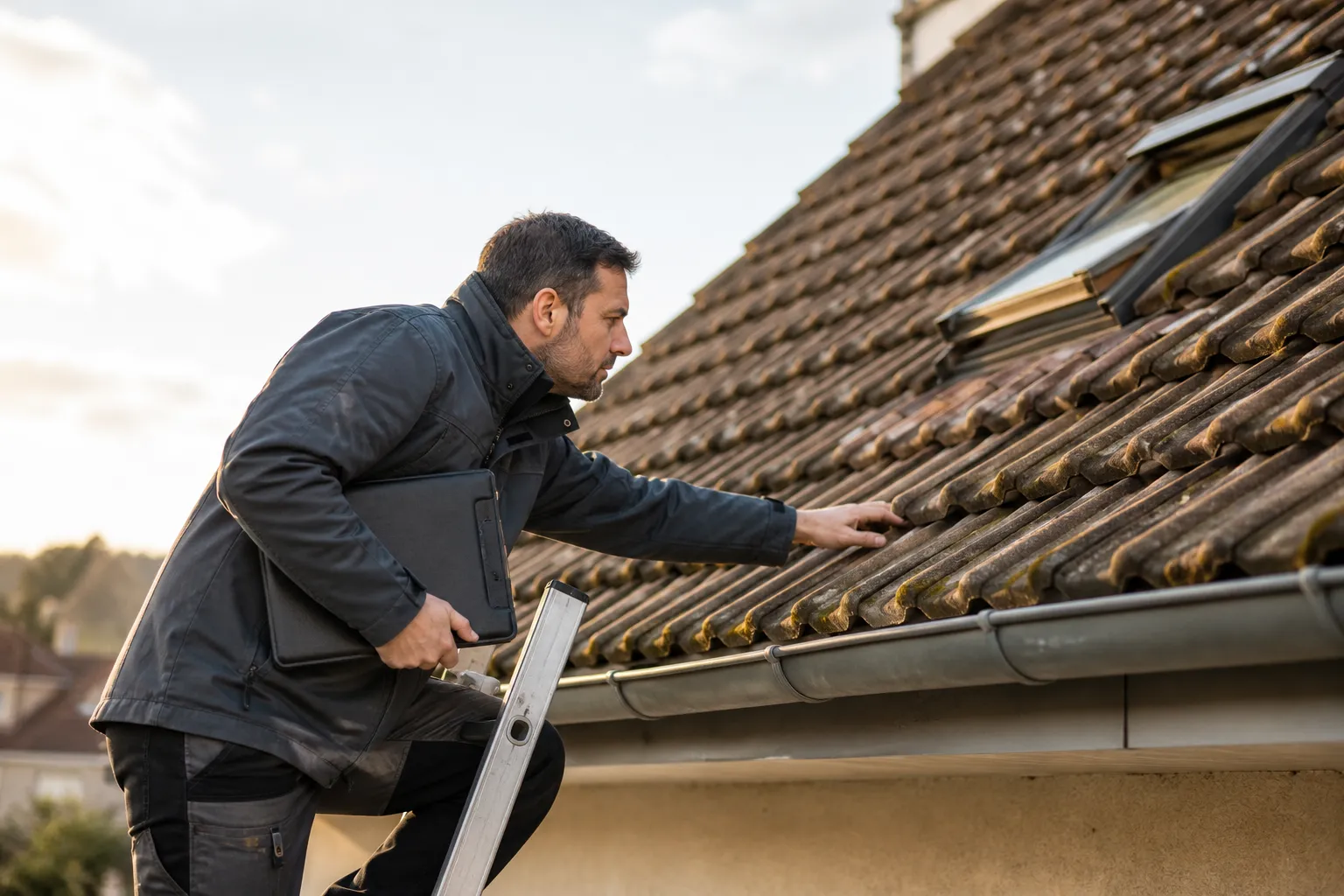 Expert inspectant une toiture en tuiles depuis une echelle