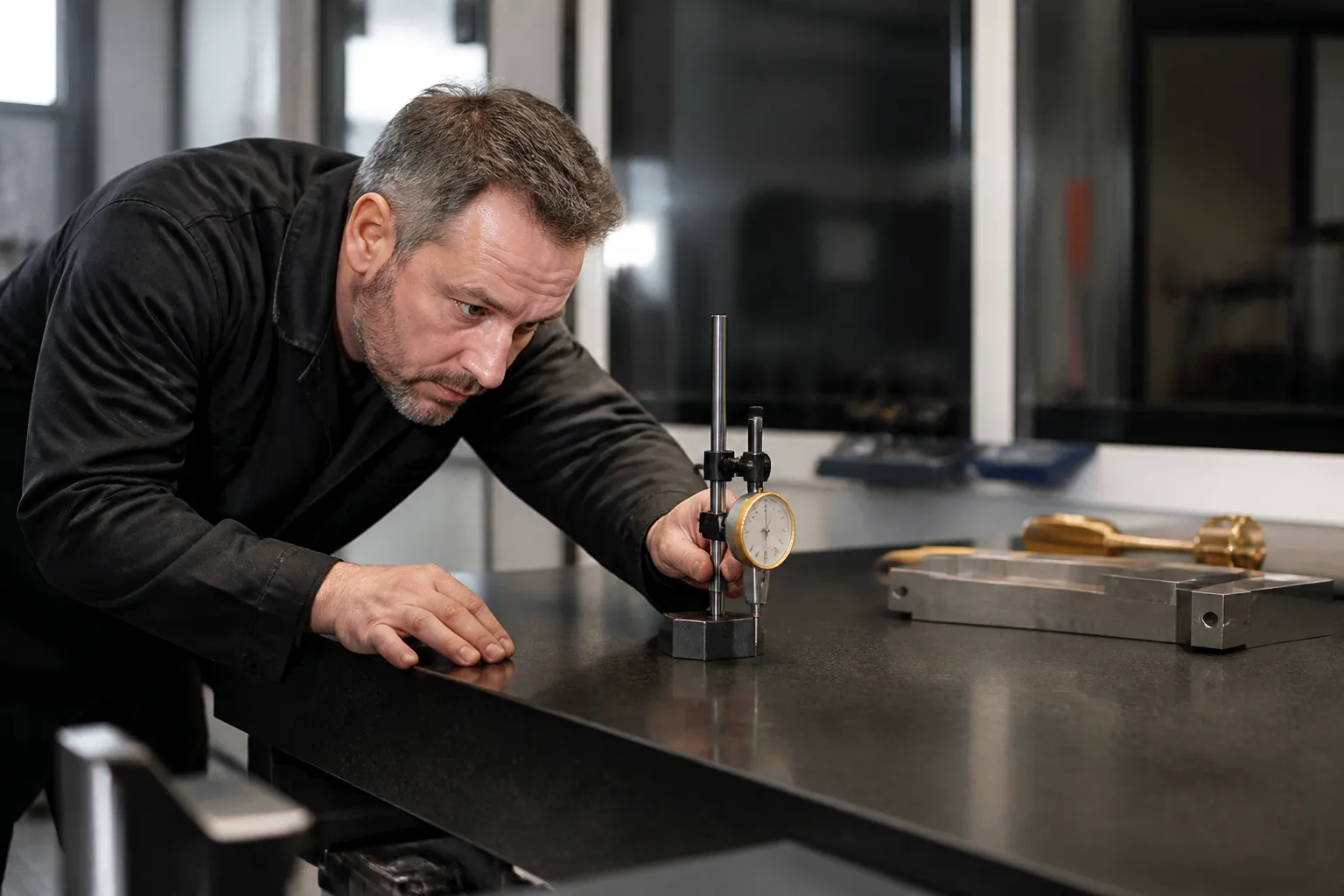 Expert mesurant un defaut de planeite