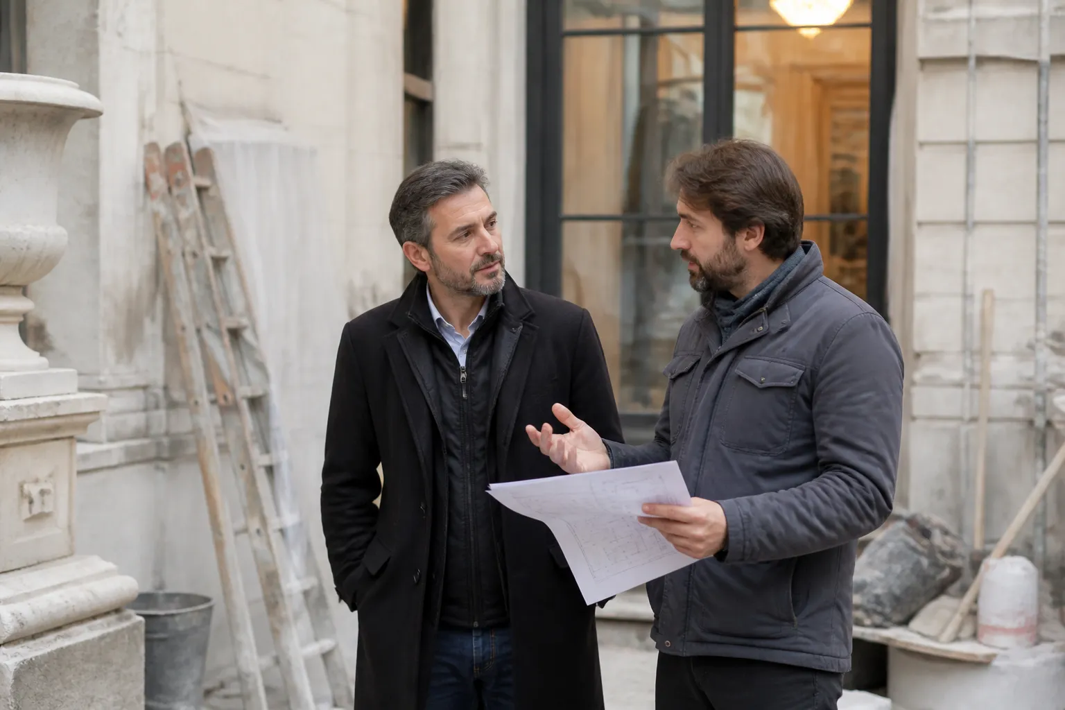 Proprietaire et expert discutant devant des travaux