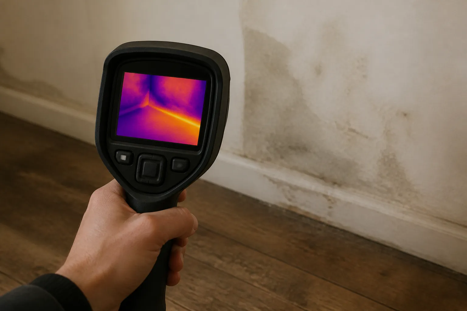 Camera thermique pointee vers un mur humide