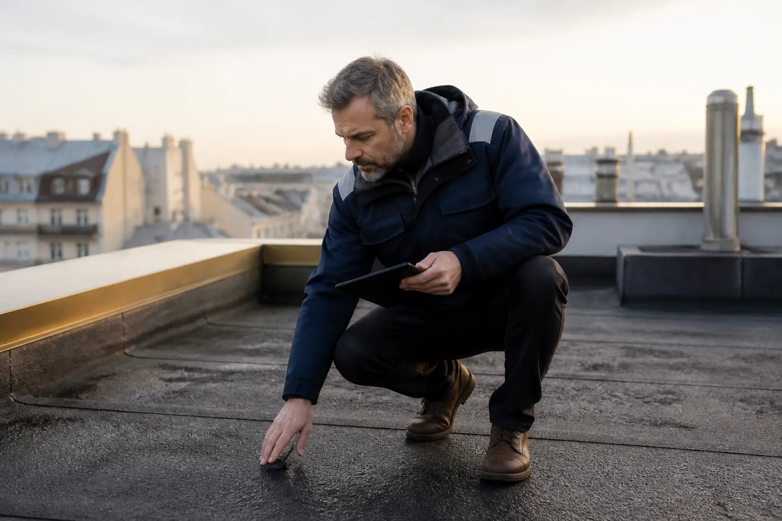 Expert inspectant une toiture terrasse d immeuble