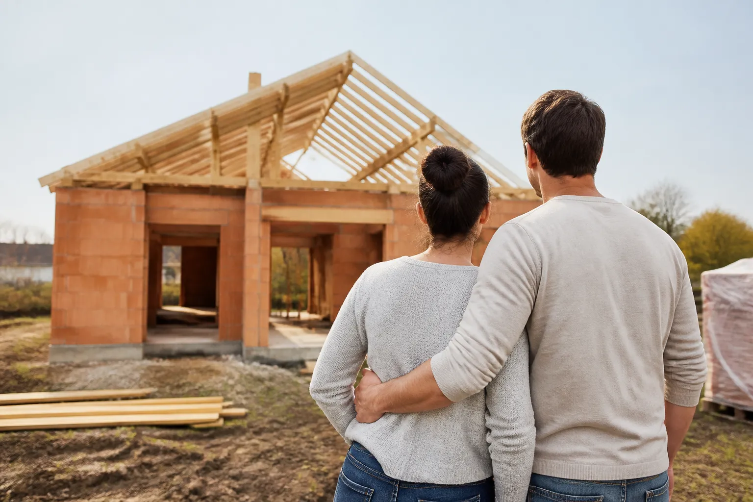 Couple devant une maison en construction