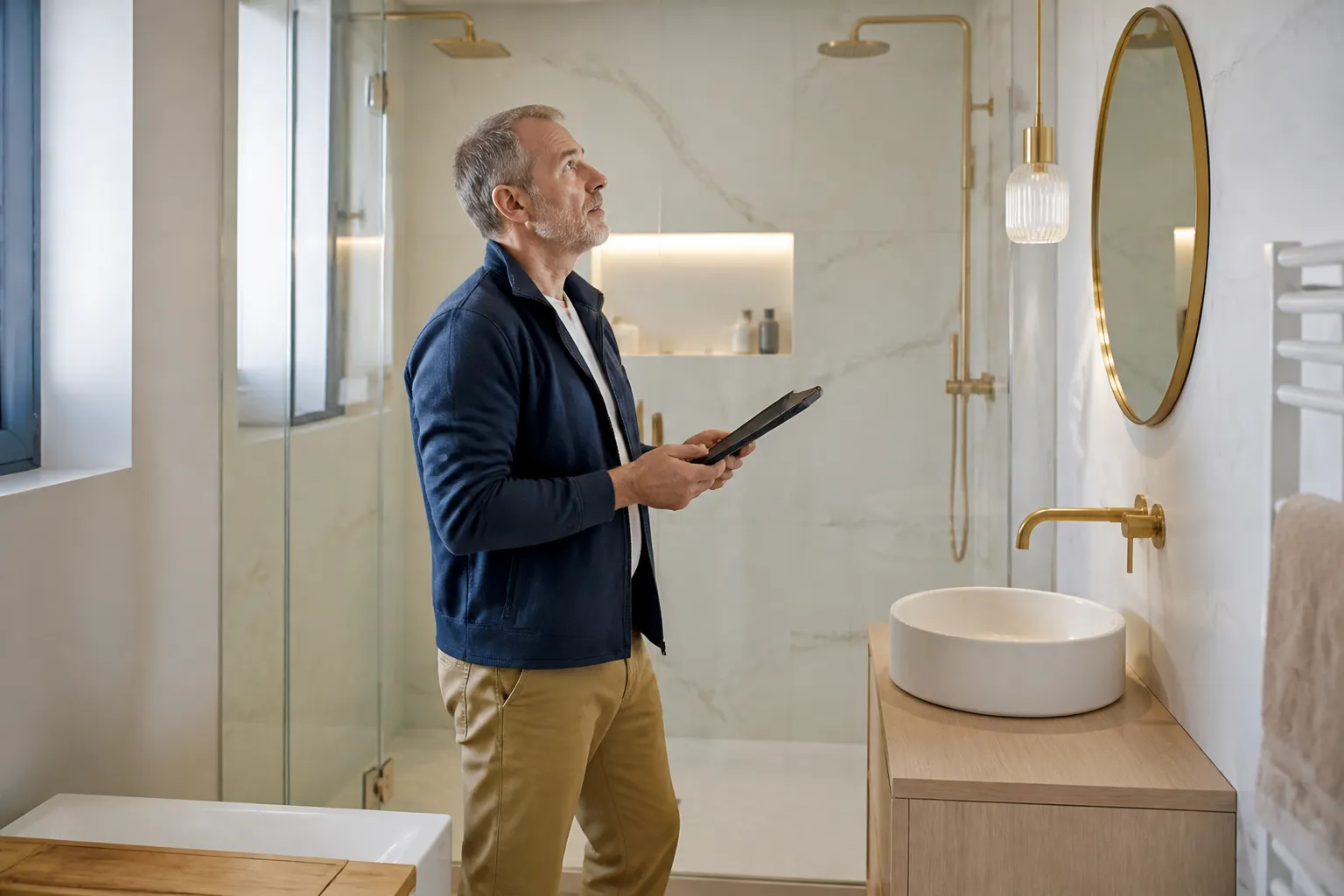 Expert verifiant une salle de bain renovee