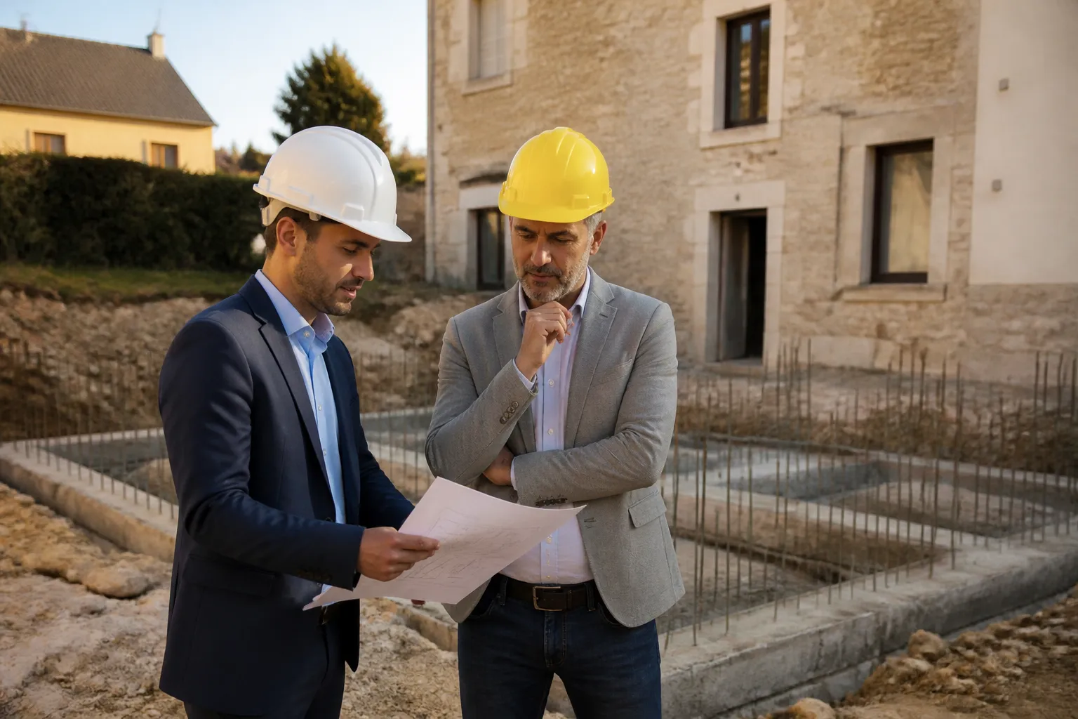 Ingenieur et expert discutant devant une maison en travaux de fondation