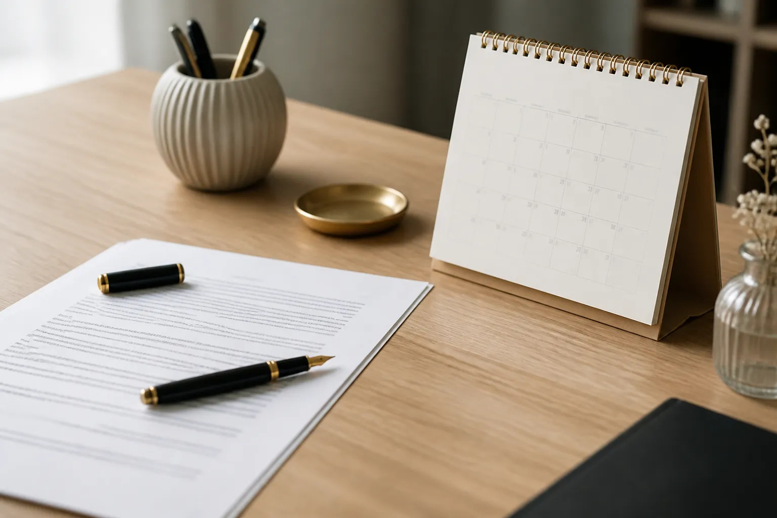 Contrat de vente et calendrier sur un bureau