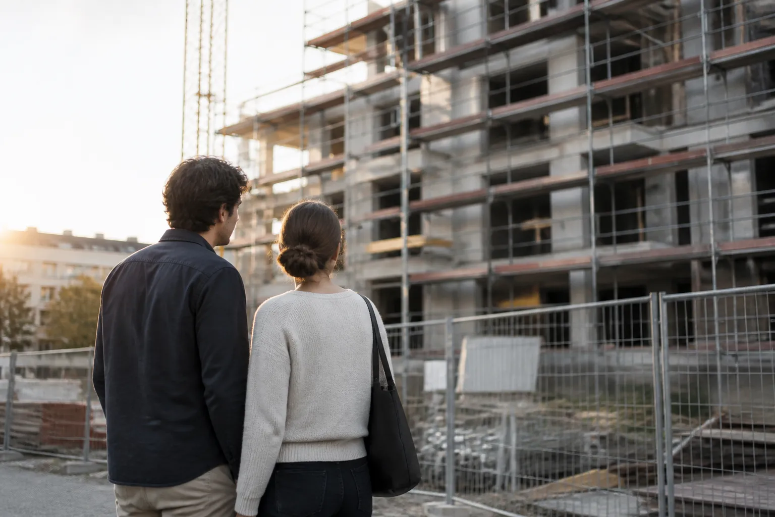 Couple regardant un chantier d immeuble