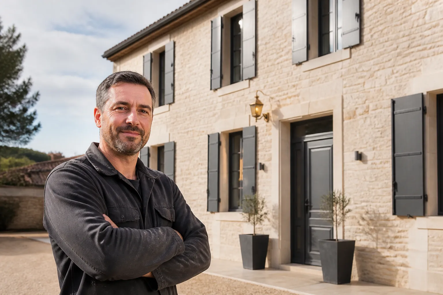 Artisan et proprietaire devant une maison renovee