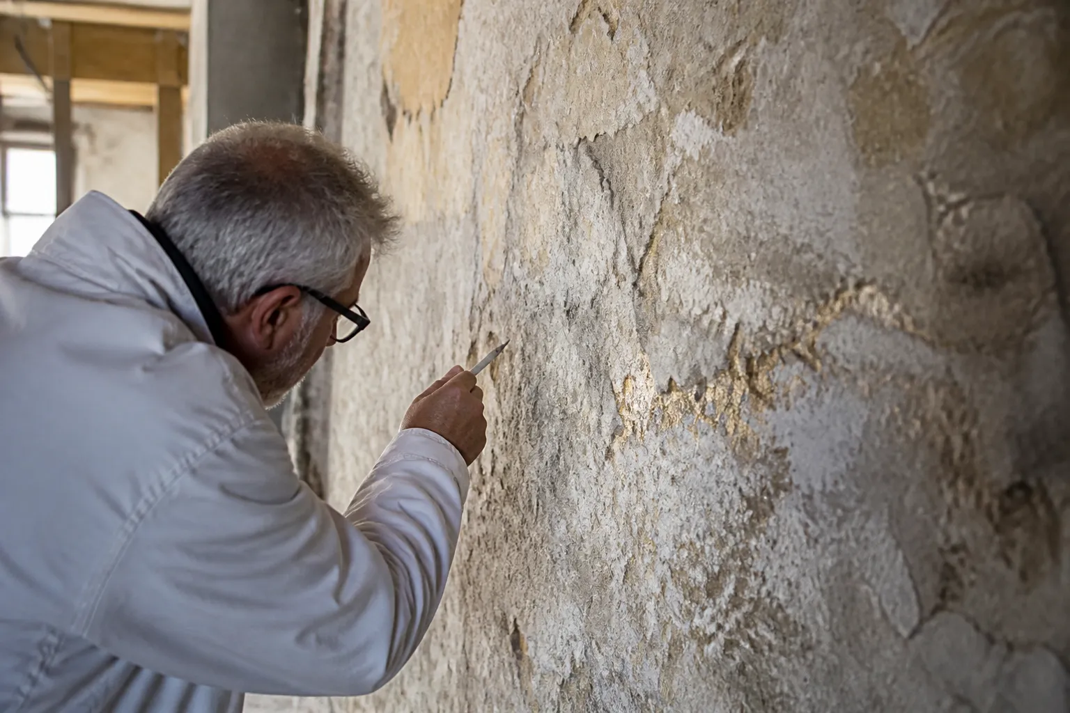 Expert examinant un mur ancien avec des depots salins