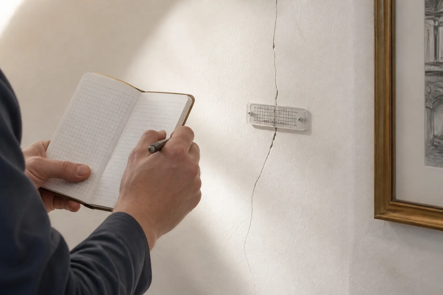 Carnet de releves et jauge de fissure sur un mur interieur