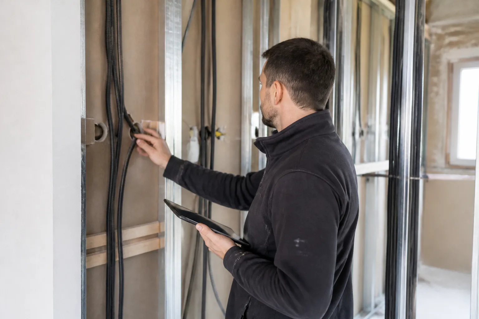 Expert controlant des gaines electriques avant fermeture des cloisons